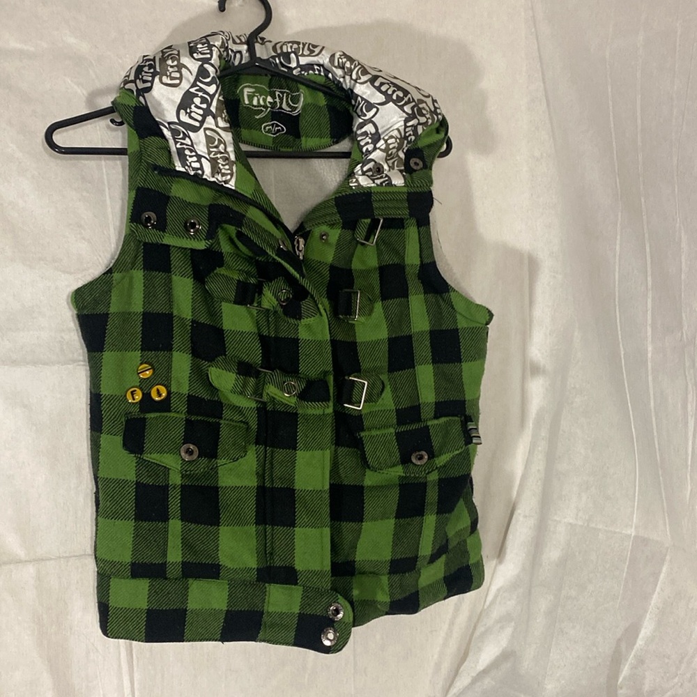 FIREFLY Hooded Faux Sherpa Lined Padded Vest Green Buffalo Check M
